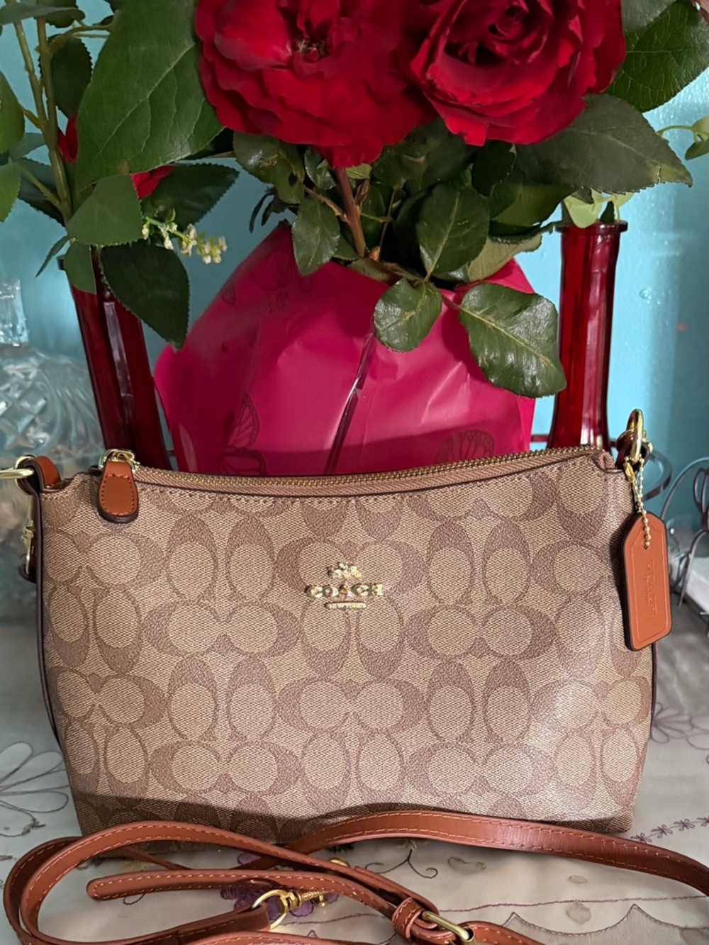 Coach Signature Canvas Crossbody in Khaki with Tan Leather Trim